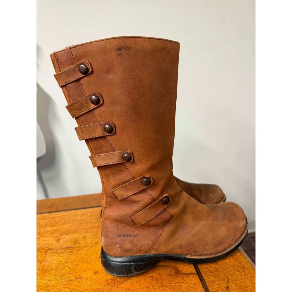 Merrell Womens 9 Brown Captiva Launch 2 Leather Waterproof Boots Mid Calf Zip